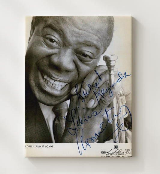 Louis Armstrong - Smiling With Trumpet Close-Up Photo Black-and-White 16x20 Gallery Frame vintage music wall art