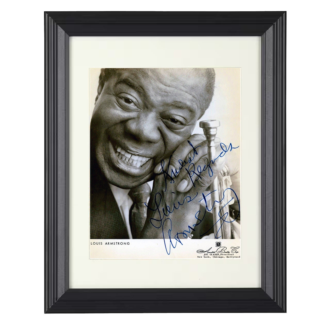 Louis Armstrong – Smiling with Trumpet Close Image – 8x10 black beveled framed music wall art
