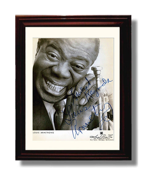 Louis Armstrong - Smiling with Trumpet Close Portrait Black and White Music Wall Art 8x10 Beveled Frame wall art print – Music decor