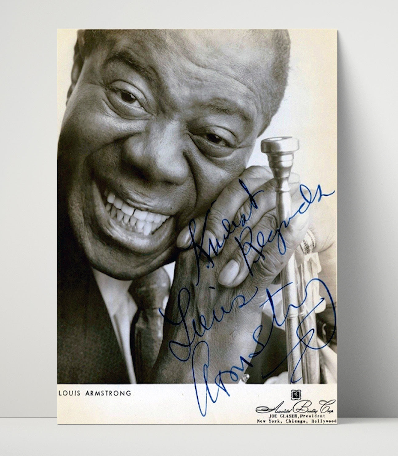 Louis Armstrong - Smiling With Trumpet Close Portrait Black And White - Vintage Music Wall Art - 16x20 Unframed Print music decor