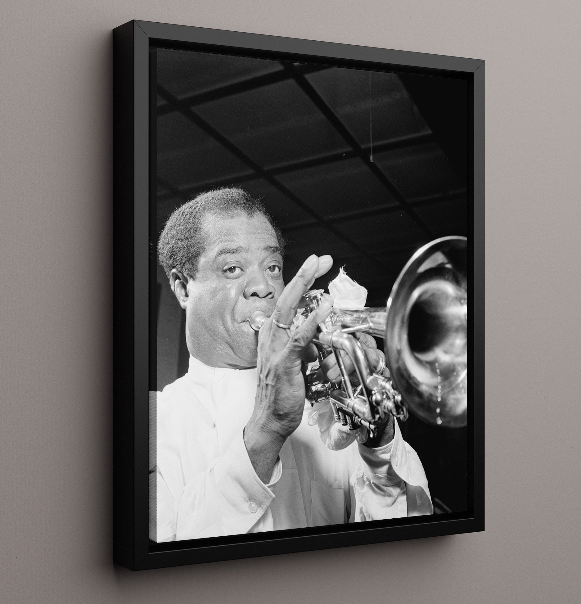 Louis Armstrong - Trumpet Soul in BandW - Vintage Music Wall Art - 16x20 Framed Canvas music decor