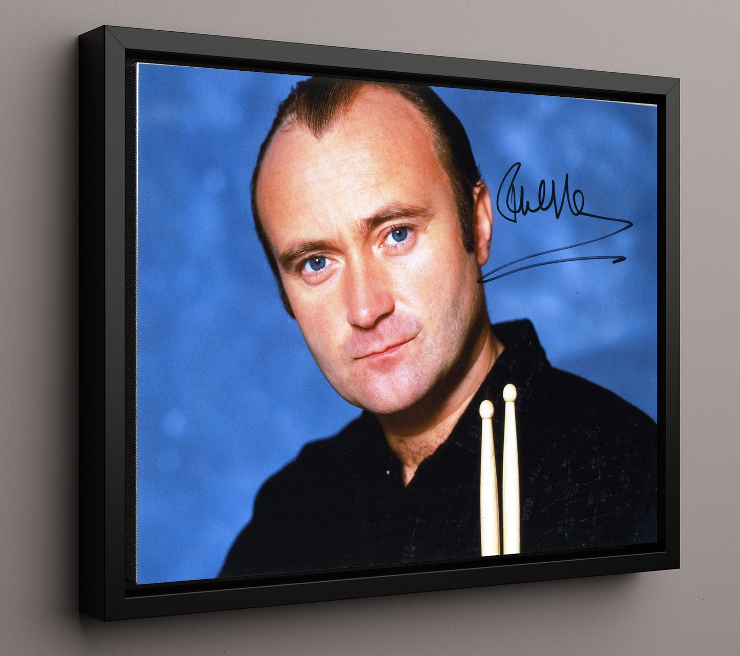 Phil Collins - Drumsticks Portrait Blue Background - Vintage Music Wall Art - 16x20 Framed Canvas music decor