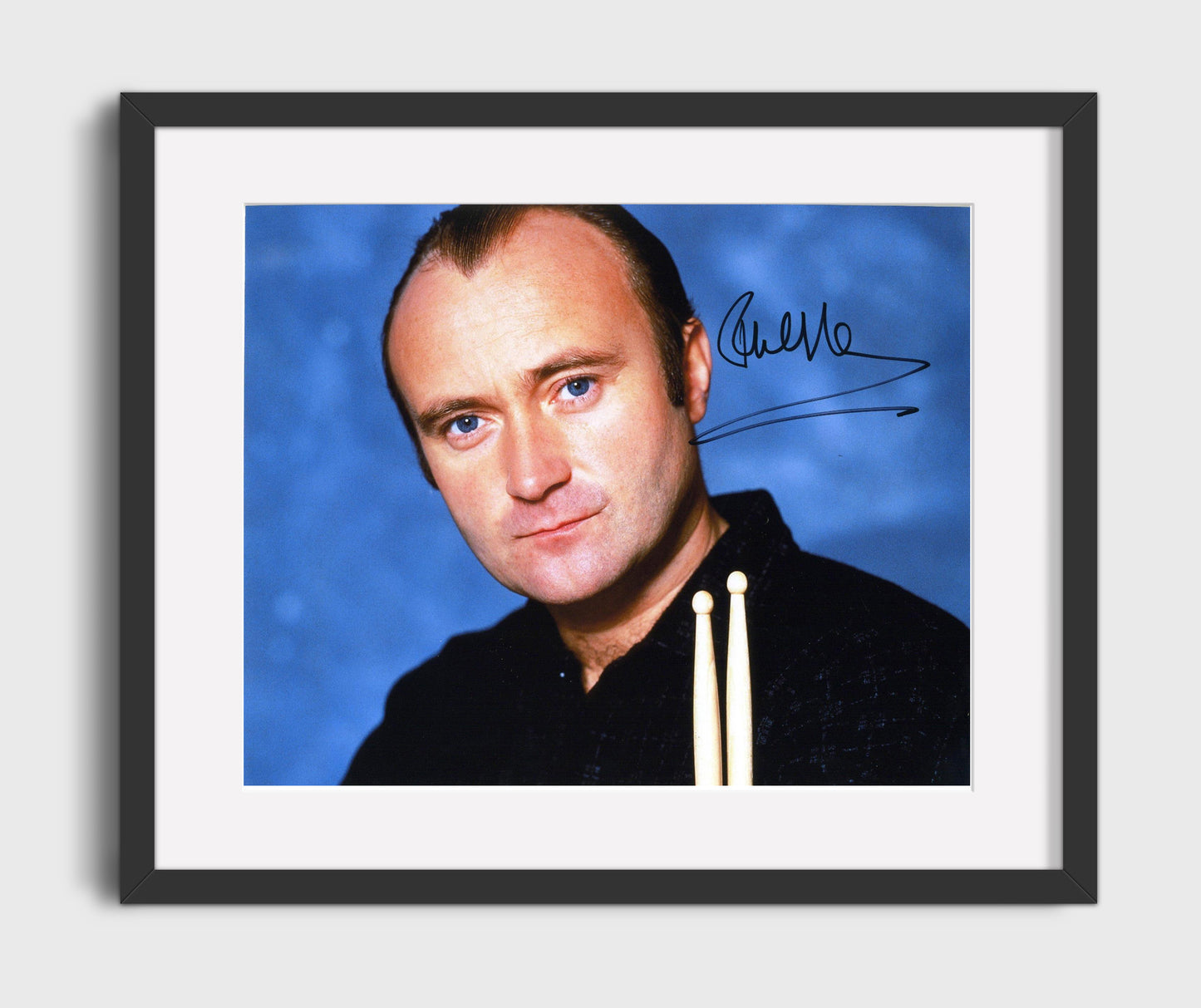 Phil Collins - Drumsticks Portrait Blue Background - Vintage Music Wall Art - 16x20 Gallery Frame music decor