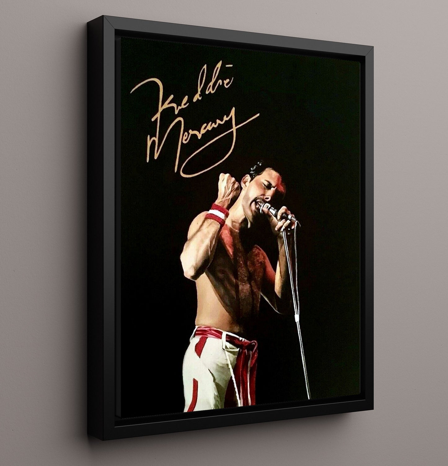 Queen - Freddie Mercury Live Microphone Performance - Vintage Music Wall Art - 16x20 Framed Canvas music decor