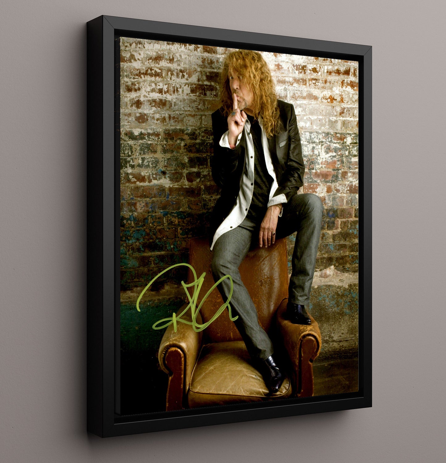 Robert Plant - Finger to Lips Seated Portrait - Vintage Music Wall Art - 16x20 Framed Canvas music decor