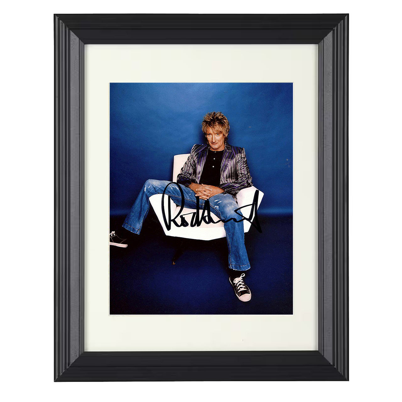 Rod Stewart – Seated Blue Background Promo Image – 8x10 black beveled framed music wall art