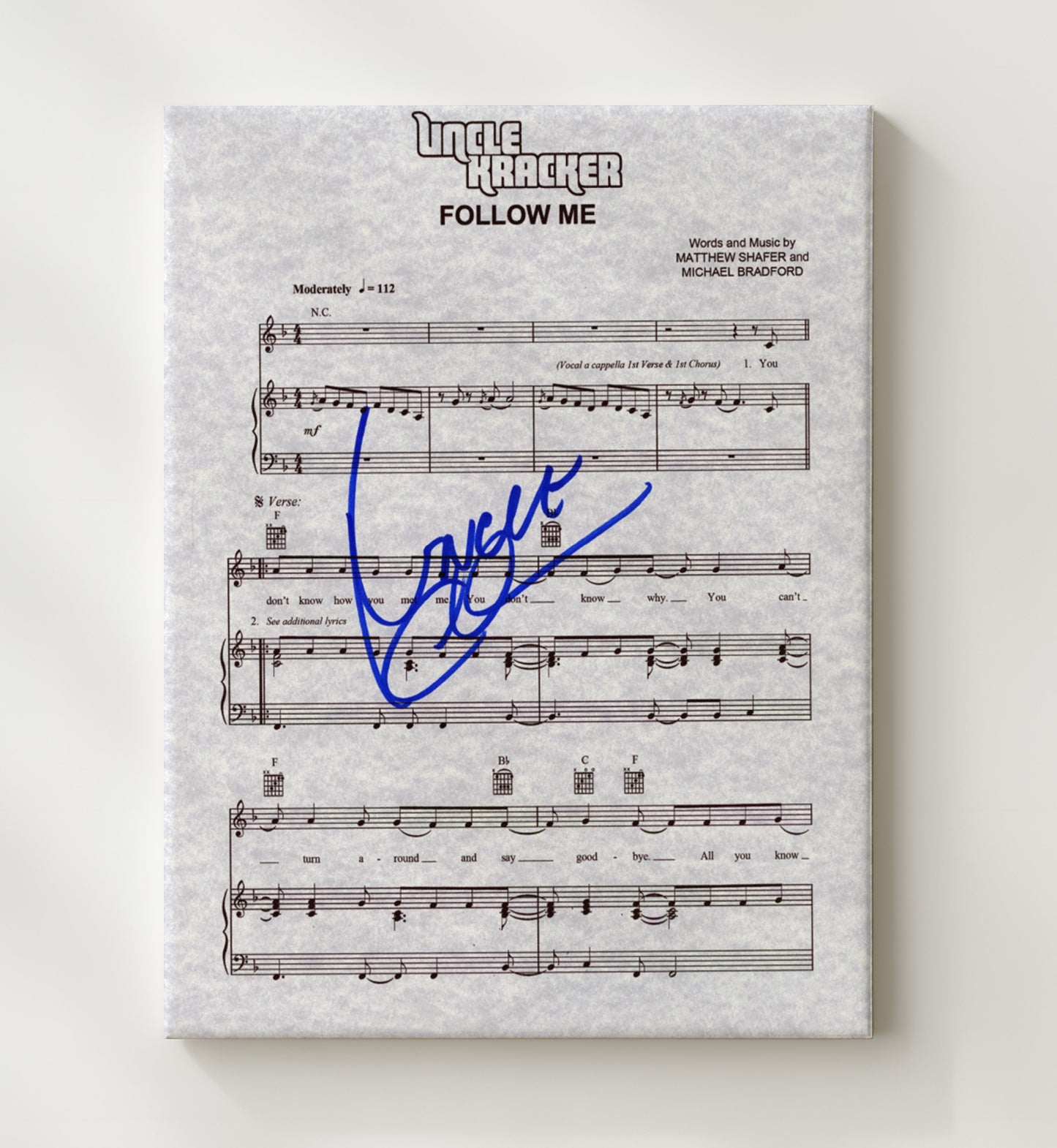 Uncle Kracker - Follow Me Sheet Music Music Wall Art 20x24 Canvas wall art print – Music decor