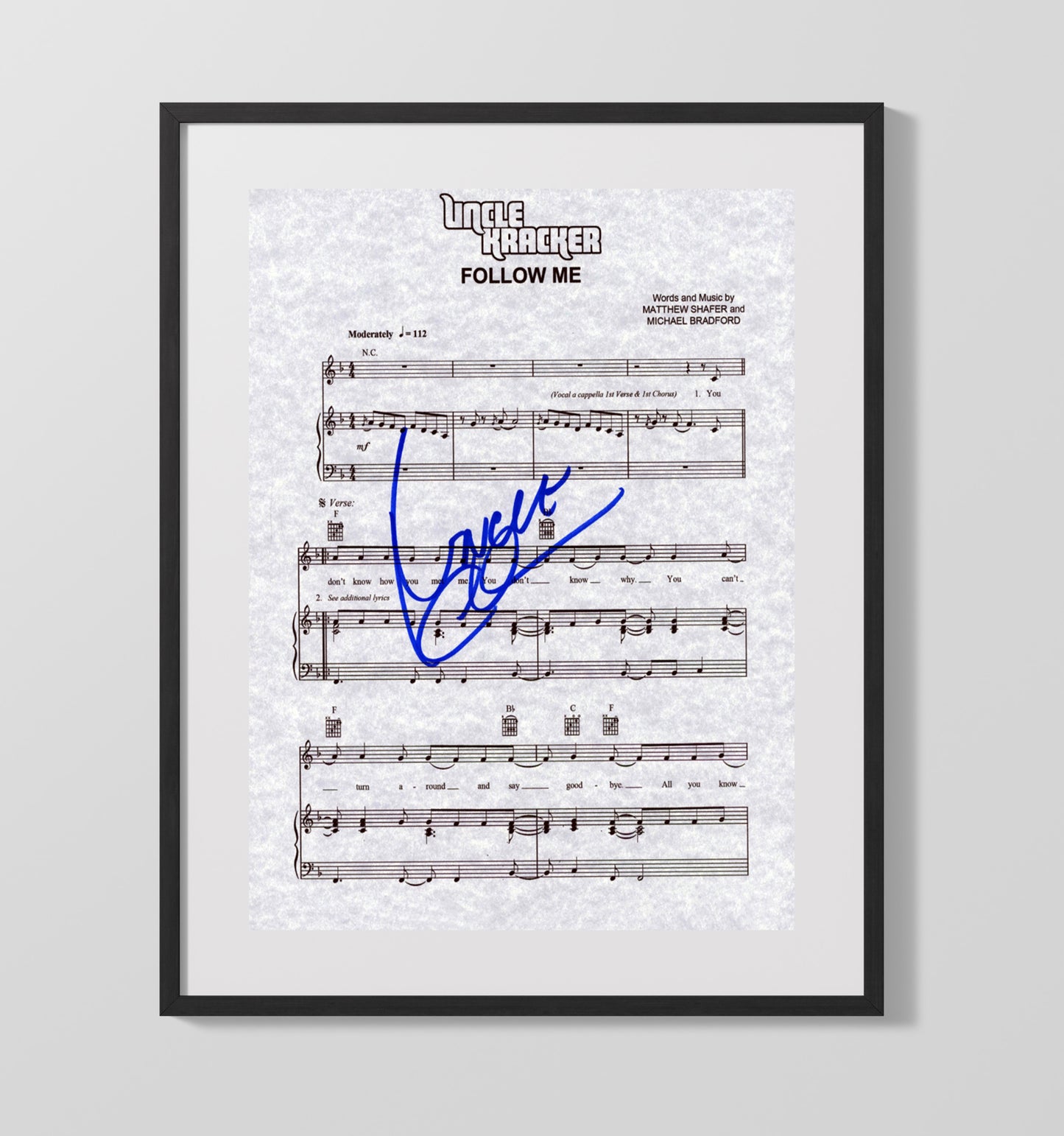 Uncle Kracker - Follow Me Sheet Music Music Wall Art 16x20 Gallery Frame wall art print – Music decor