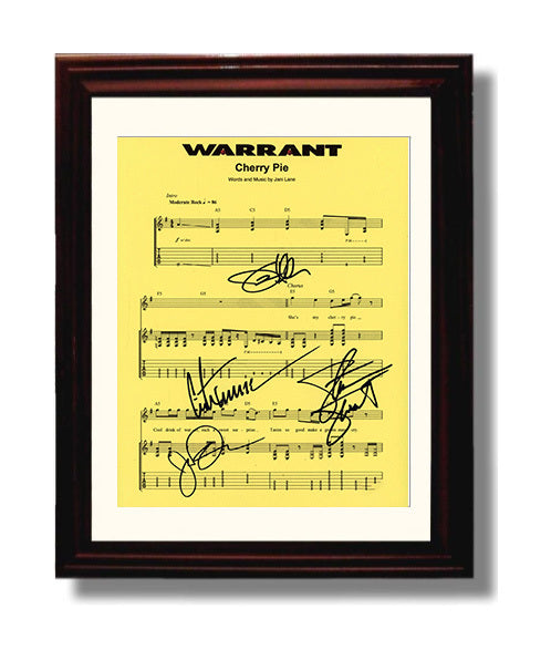 Warrant - Cherry Pie Lyric Sheet by Band Members Music Wall Art 8x10 Beveled Frame wall art print – Music decor
