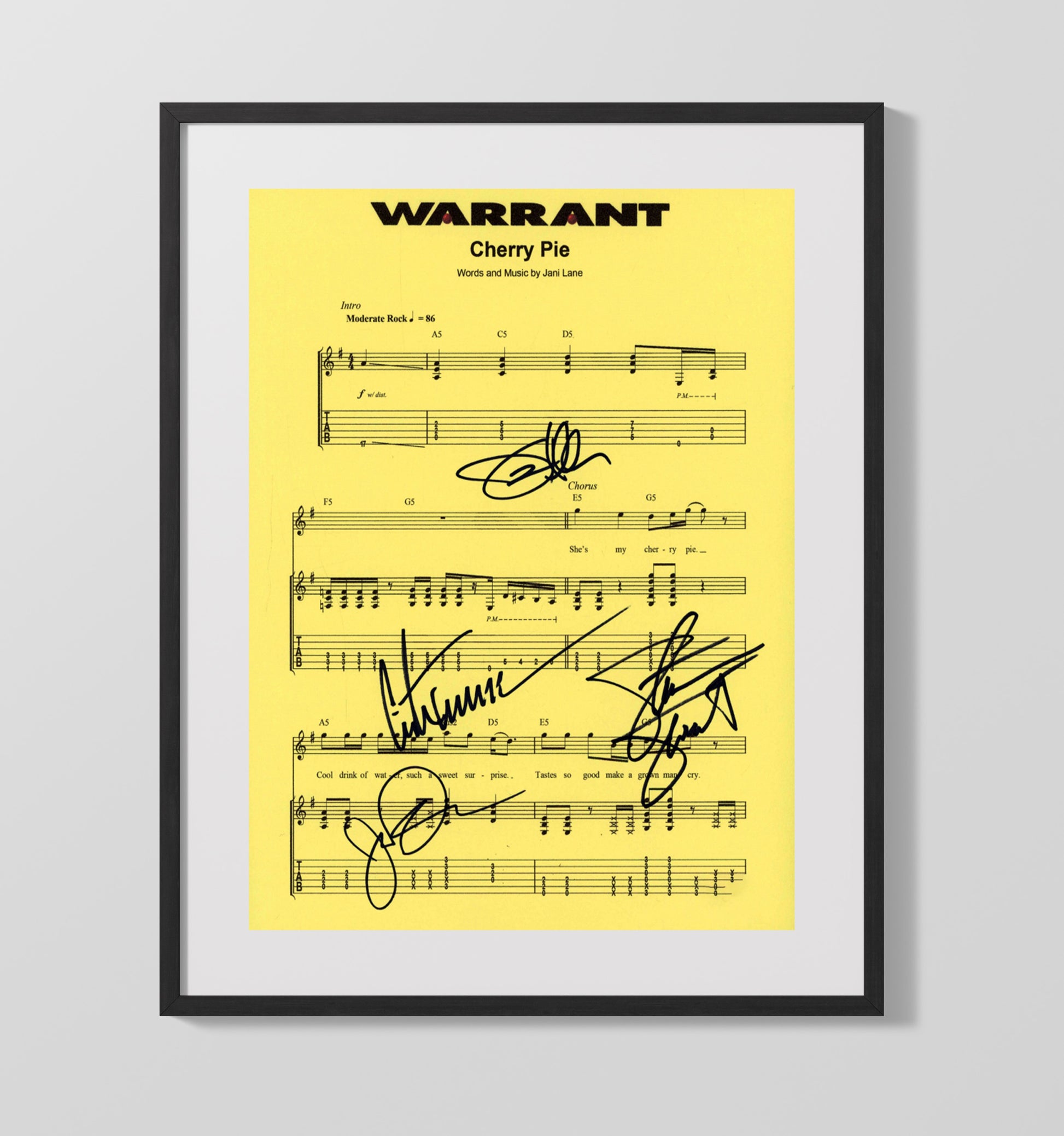 Warrant - Cherry Pie Lyric Sheet by Band Members Music Wall Art 16x20 Gallery Frame wall art print – Music decor