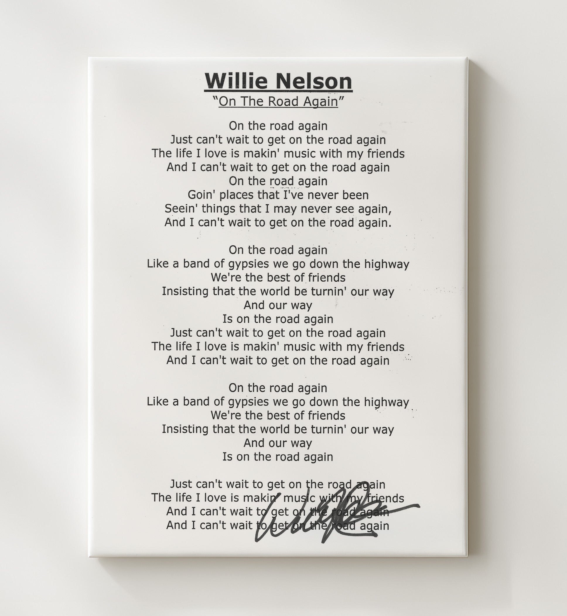Willie Nelson - On The Road Again Lyrics - Vintage Music Wall Art - 20x24 Canvas music decor