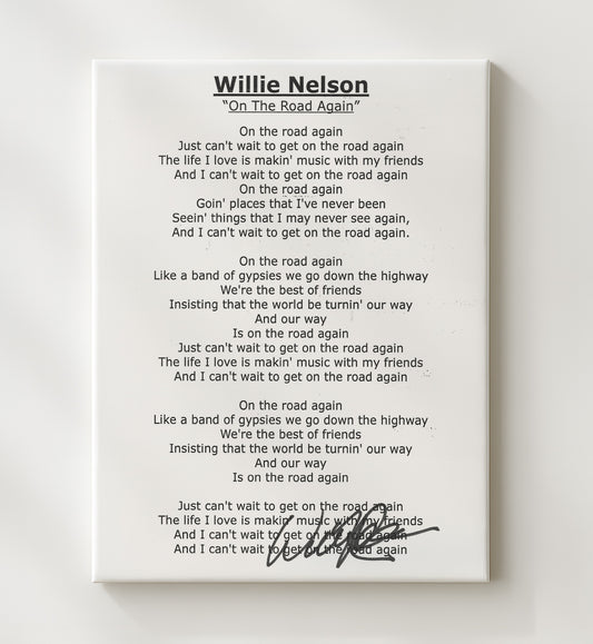 Willie Nelson - On the Road Again Lyrics 16x20 Gallery Frame vintage music wall art
