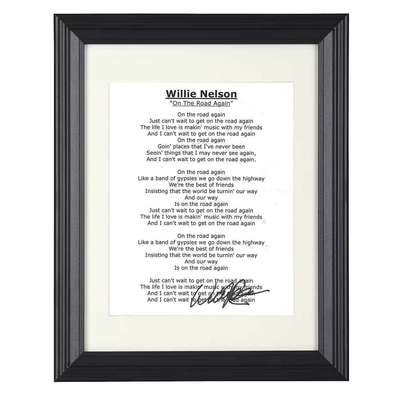 Willie Nelson – On the Road Again Lyrics Image – 8x10 black beveled framed music wall art