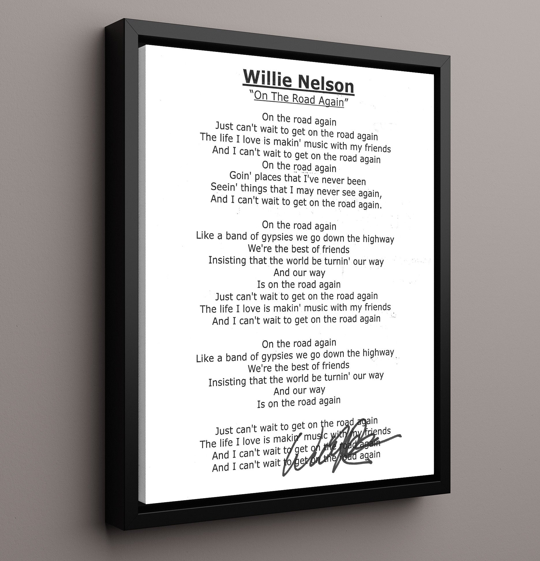Willie Nelson - On The Road Again Lyrics - Vintage Music Wall Art - 16x20 Framed Canvas music decor