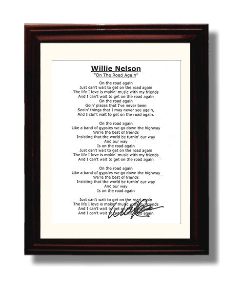 Willie Nelson - on the Road Again Lyrics Music Wall Art 8x10 Beveled Frame wall art print – Music decor