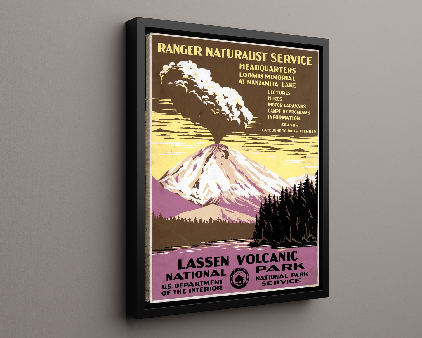 National Parks Poster - Lassen Volcanic - Fire and Smoke National Parks Vintage Framed Prints Floating Canvas 16x20