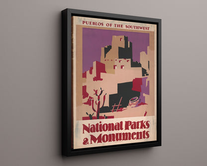 National Parks Poster - Pueblos - Desert Adobe Shadows National Parks Vintage Framed Prints Floating Canvas 16x20