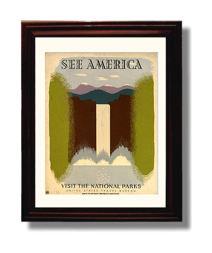 National Parks Poster - Waterfalls - Natures Curtain Call National Parks Vintage Framed Prints Framed 8x10