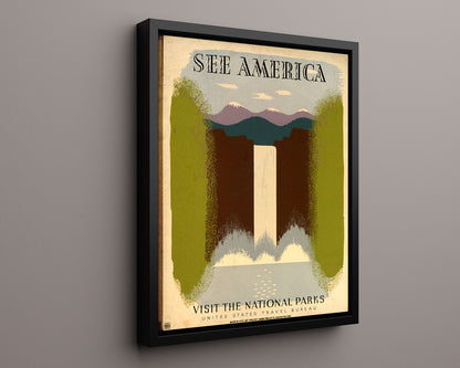 National Parks Poster - Waterfalls - Natures Curtain Call National Parks Vintage Framed Prints Floating Canvas 16x20