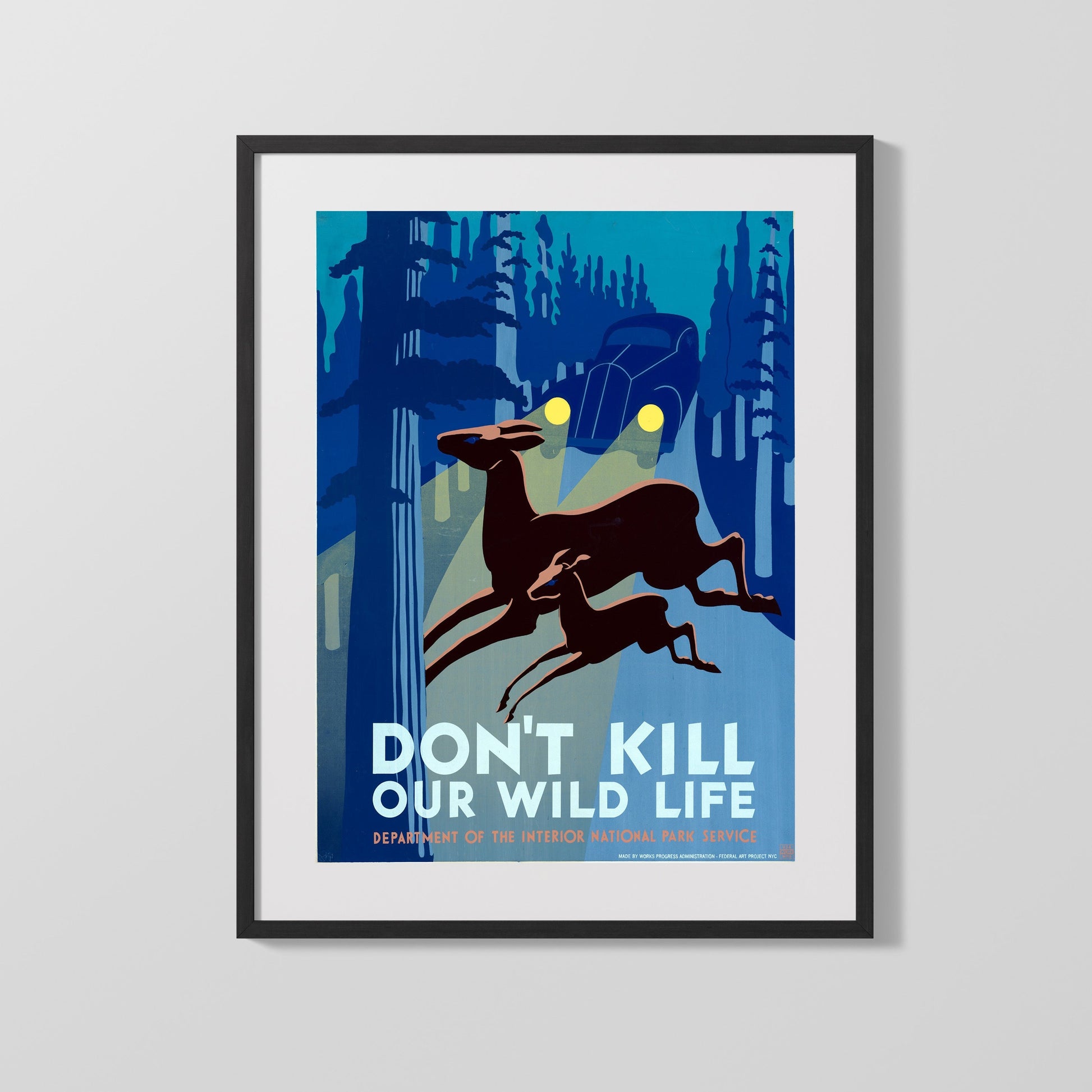 National Parks Poster - Wildlife - Deer vs. Headlights National Parks Vintage Framed Prints Gallery Frame 16x20