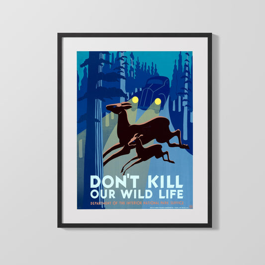 National Parks Poster - Wildlife - Deer vs. Headlights National Parks Vintage Framed Prints Gallery Frame 16x20