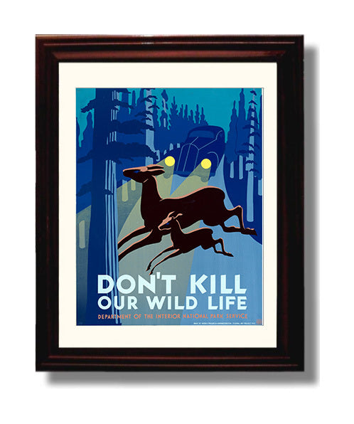 National Parks Poster - Wildlife - Deer vs. Headlights National Parks Vintage Framed Prints Framed 8x10