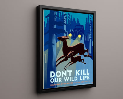 National Parks Poster - Wildlife - Deer vs. Headlights National Parks Vintage Framed Prints Floating Canvas 16x20