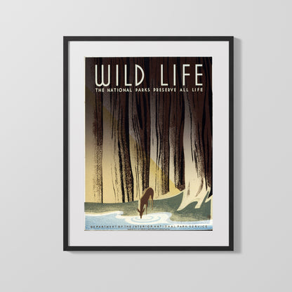 National Parks Poster - Wildlife - Thirst in the Forest National Parks Vintage Framed Prints Gallery Frame 16x20