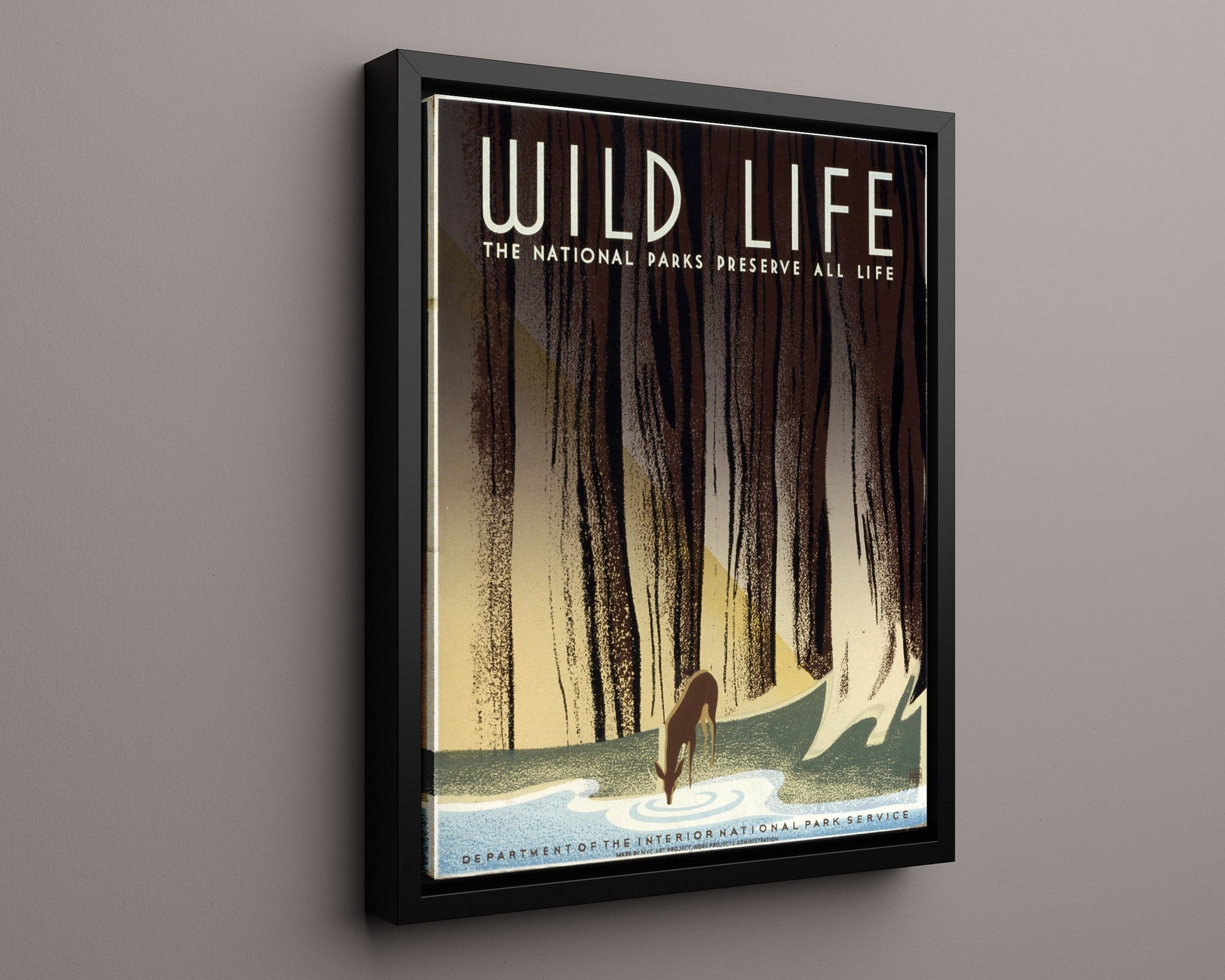 National Parks Poster - Wildlife - Thirst in the Forest National Parks Vintage Framed Prints Floating Canvas 16x20