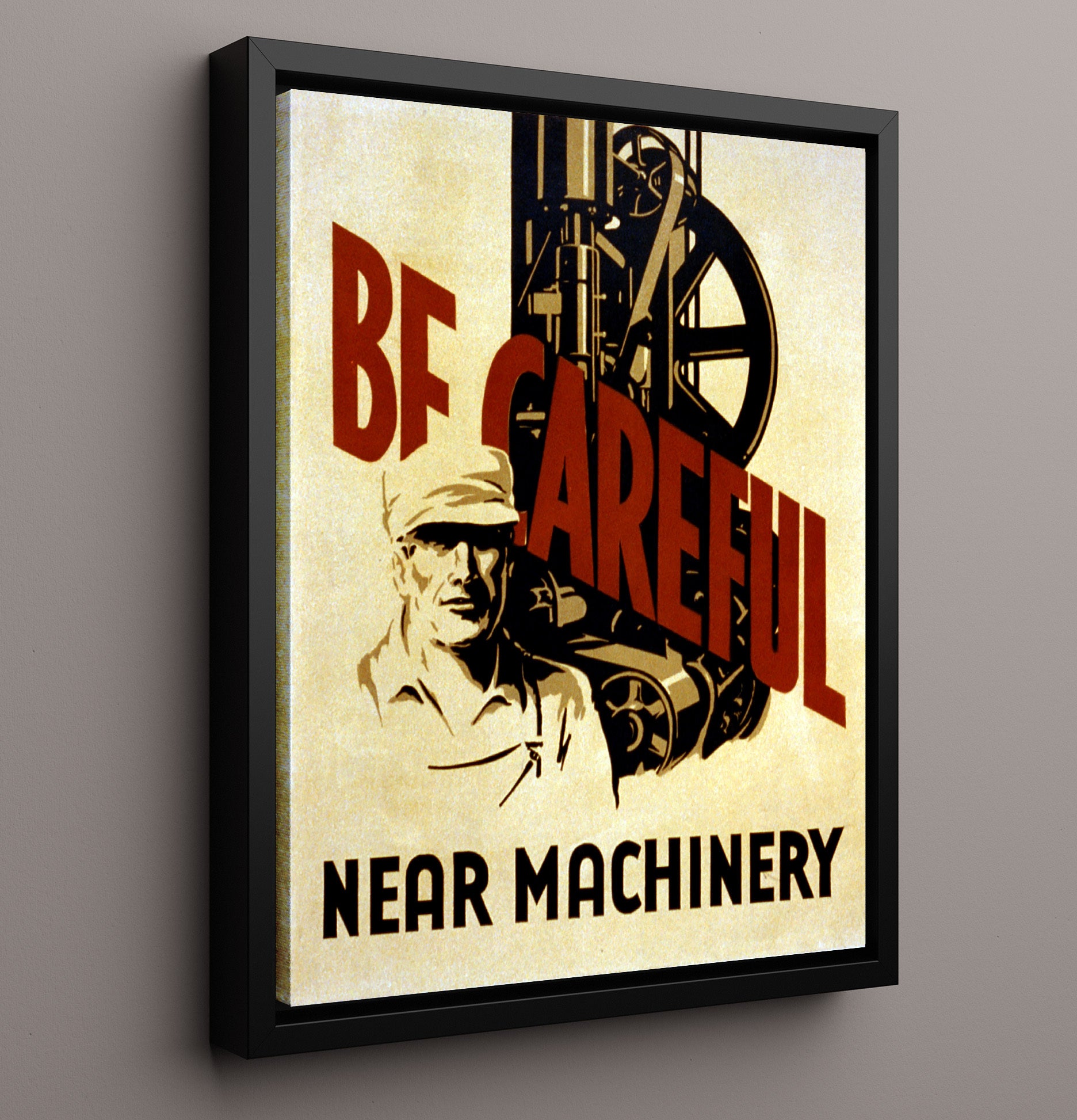 Be Careful Near Machinery Vintage WPA Wall Art - 16x20 Framed Canvas
