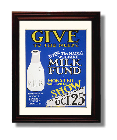 Give To The Needy Milk Drive Vintage WPA Wall Art - 8x10 Beveled Frame