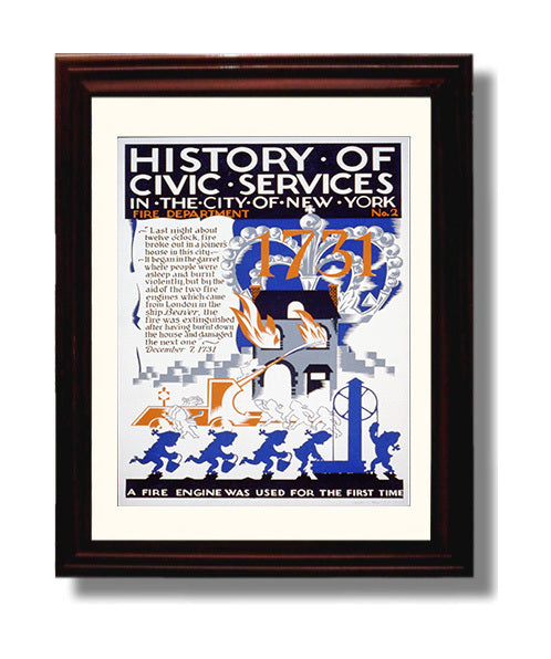 NY Fire Dept 1731 - Bucket brigade beginnings Vintage WPA Wall Art - 8x10 Beveled Frame