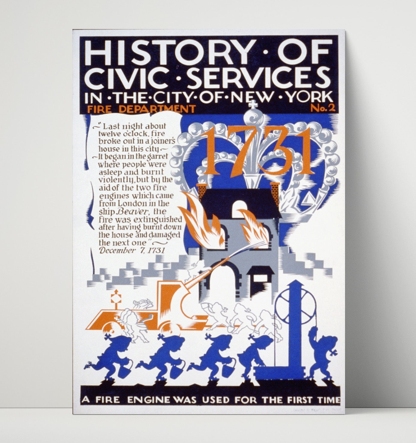 NY Fire Dept 1731 - Bucket brigade beginnings Vintage WPA Wall Art - 16x20 Unframed Print