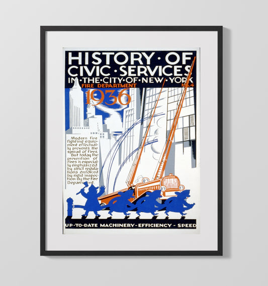 New York Fire Department 1936 - Ladders up city safe - WPA - 16x20 Gallery Frame