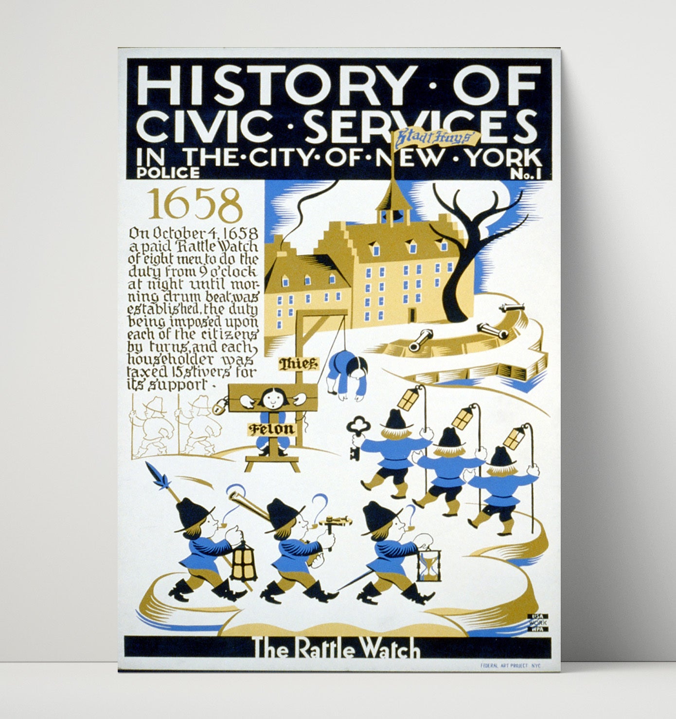 NY Police Dept 1658 - Lanterns and lawmen Vintage WPA Wall Art - 16x20 Unframed Print