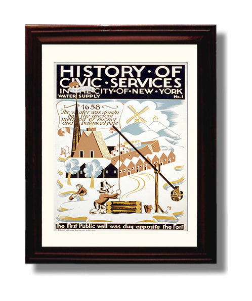 NY Water Supply 1658 - First bucket brigade Vintage WPA Wall Art - 8x10 Beveled Frame