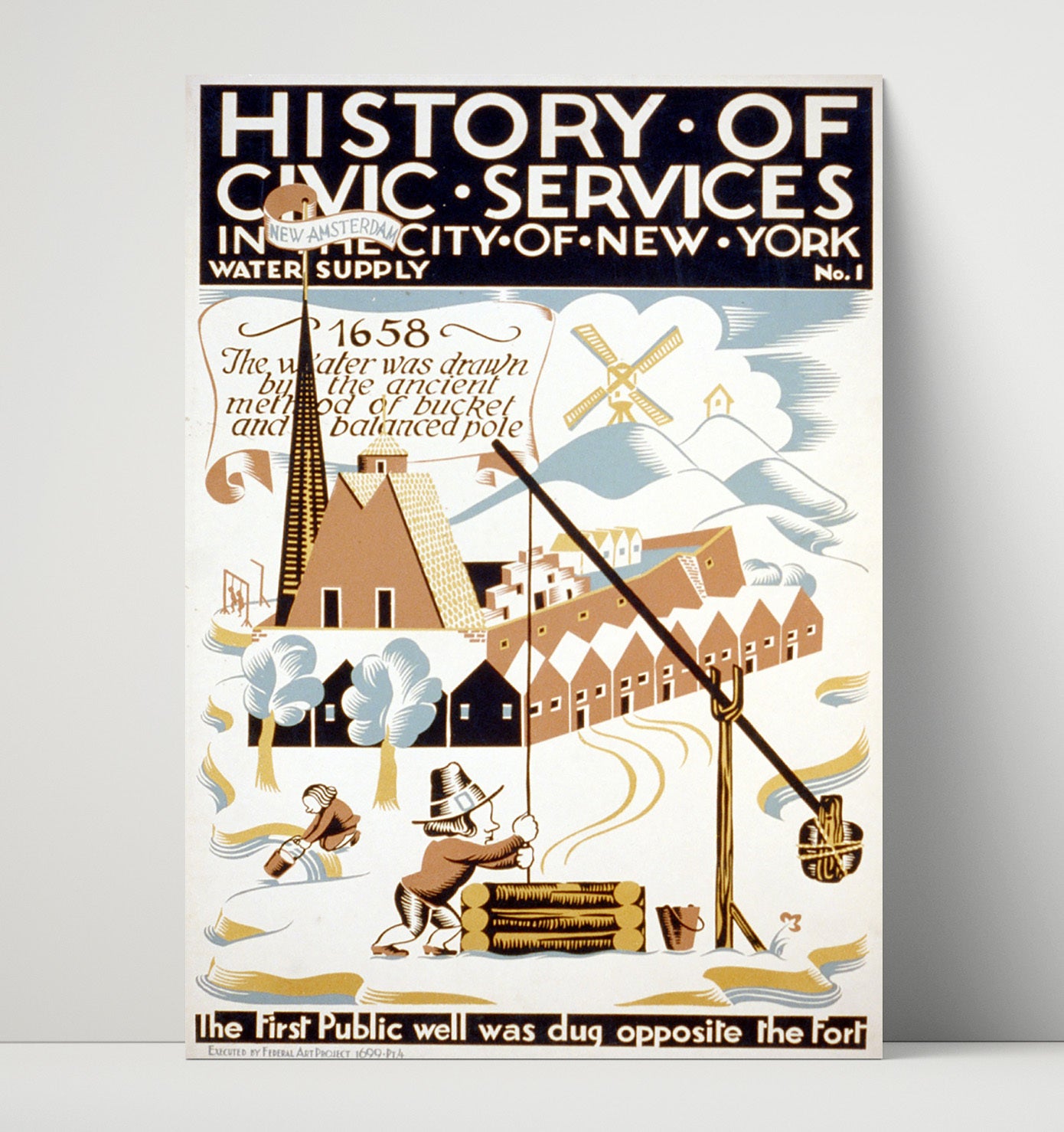 NY Water Supply 1658 - First bucket brigade Vintage WPA Wall Art - 16x20 Unframed Print