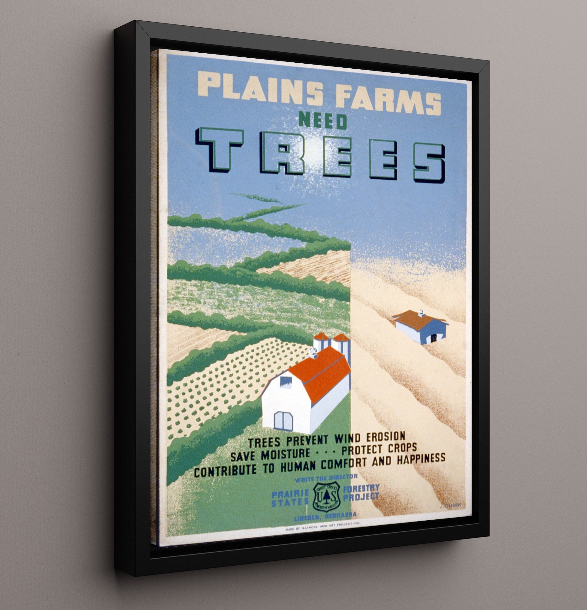 Plains Farms Need Trees - Windbreak wonders Vintage WPA Wall Art - 16x20 Framed Canvas
