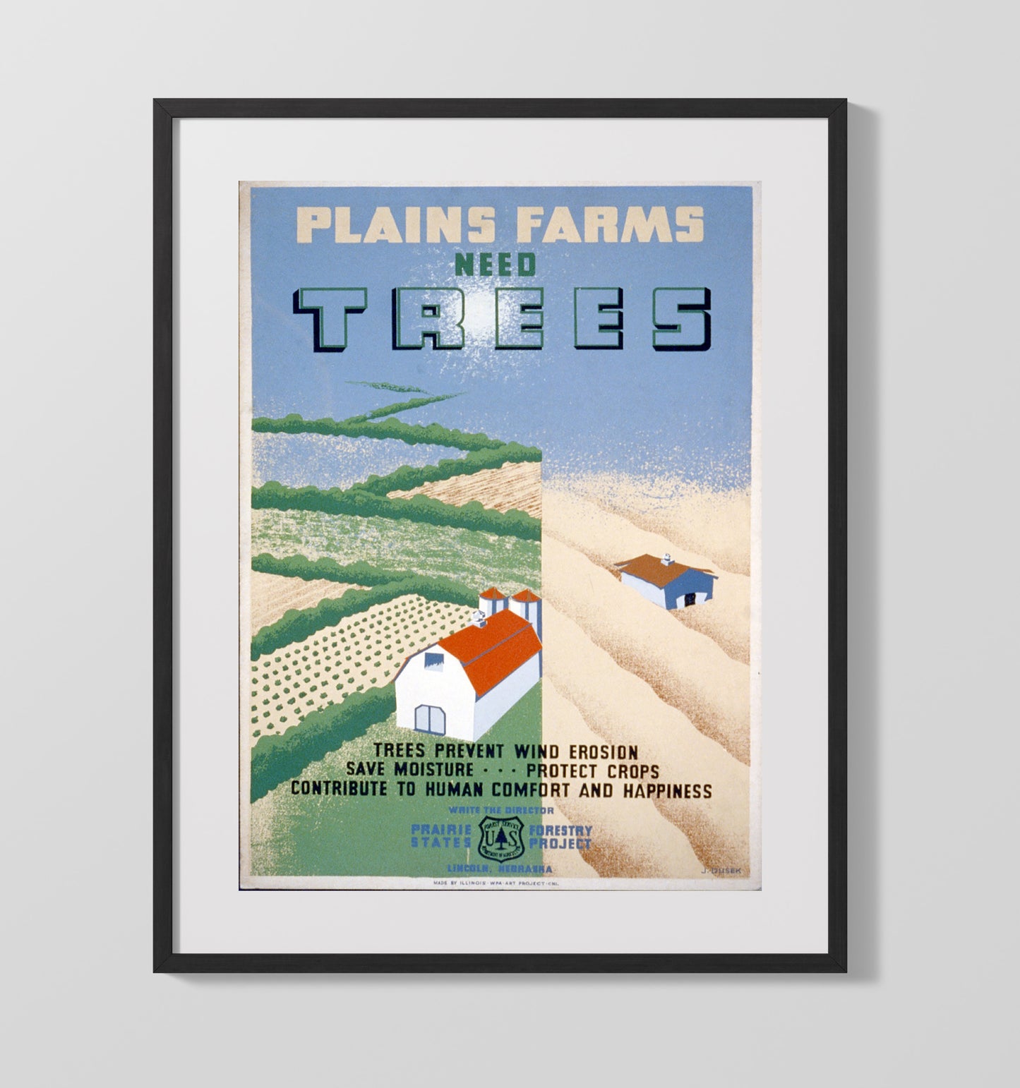Plains Farms Need Trees - Windbreak wonders Vintage WPA Wall Art - 16x20 Gallery Frame