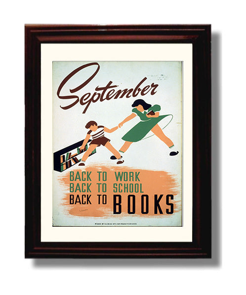 September Back to Books Vintage WPA Wall Art - 8x10 Beveled Frame
