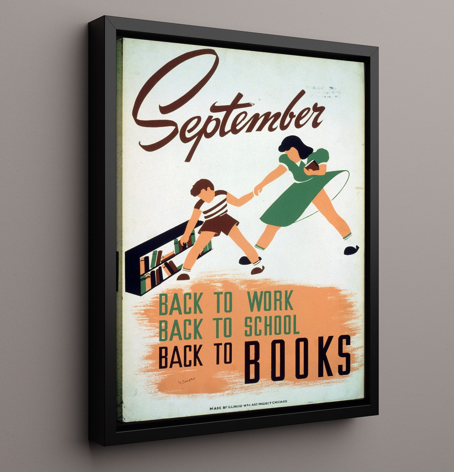 September Back to Books Vintage WPA Wall Art - 16x20 Framed Canvas
