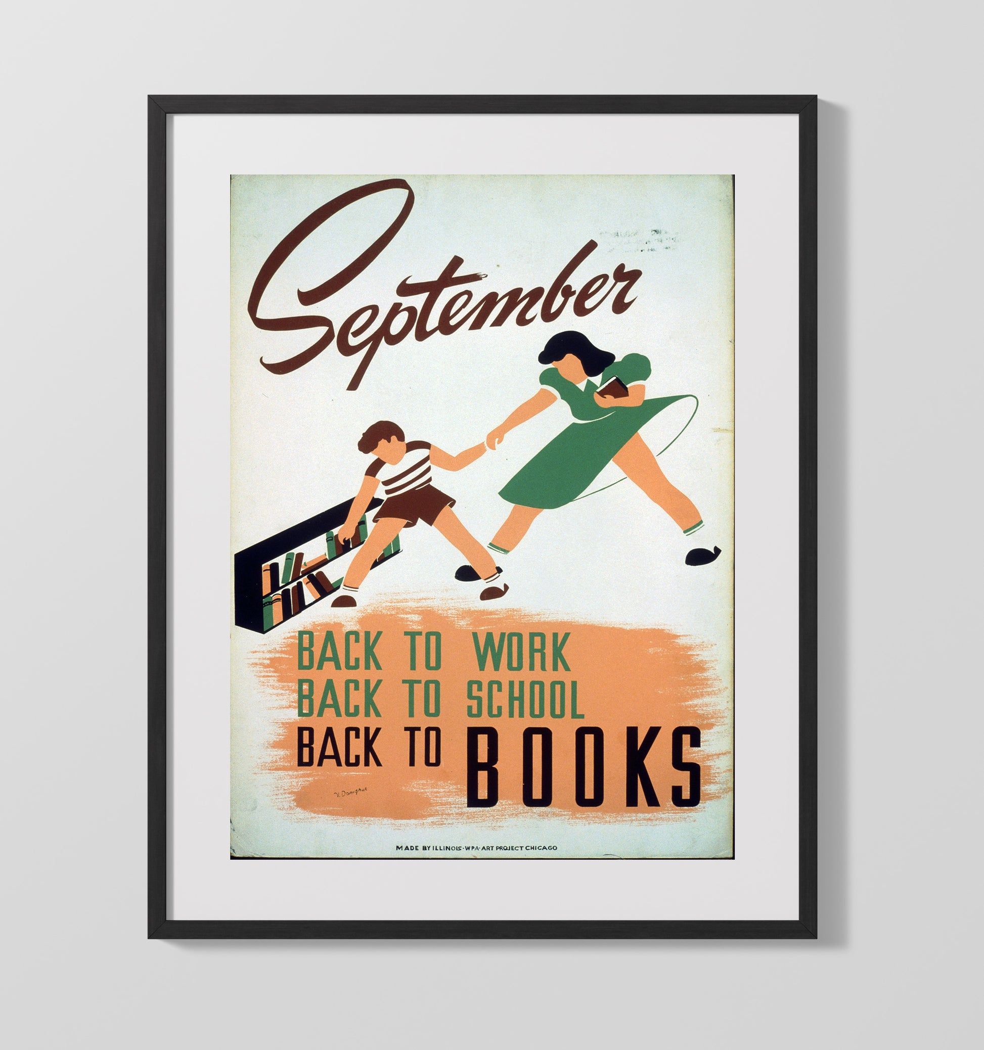 September Back to Books Vintage WPA Wall Art - 16x20 Gallery Frame