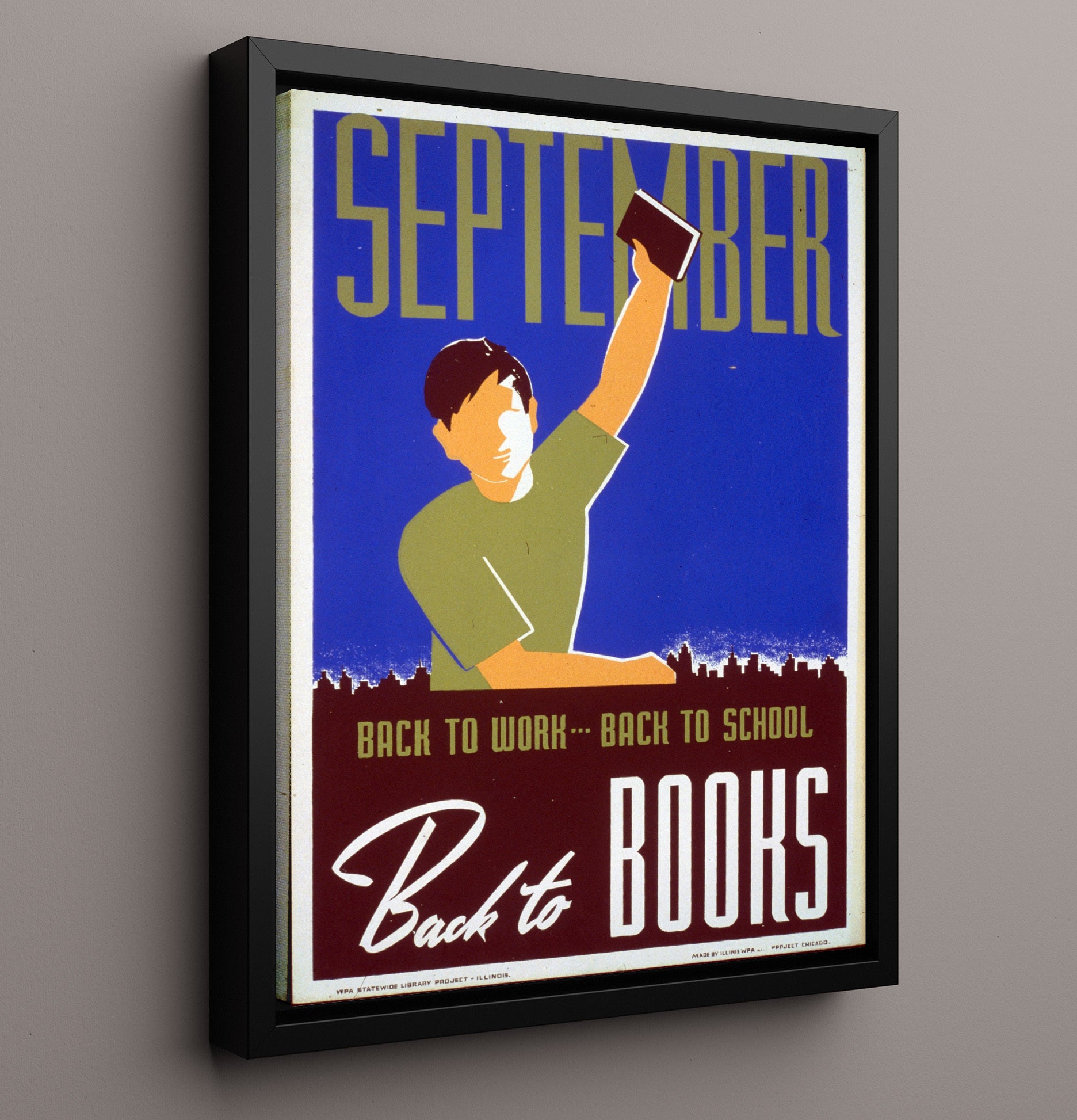 September Books - Back to Books Vintage WPA Wall Art - 16x20 Framed Canvas