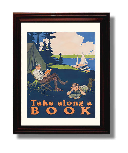 Take Along a Book - Camping Reads Vintage WPA Wall Art - 8x10 Beveled Frame