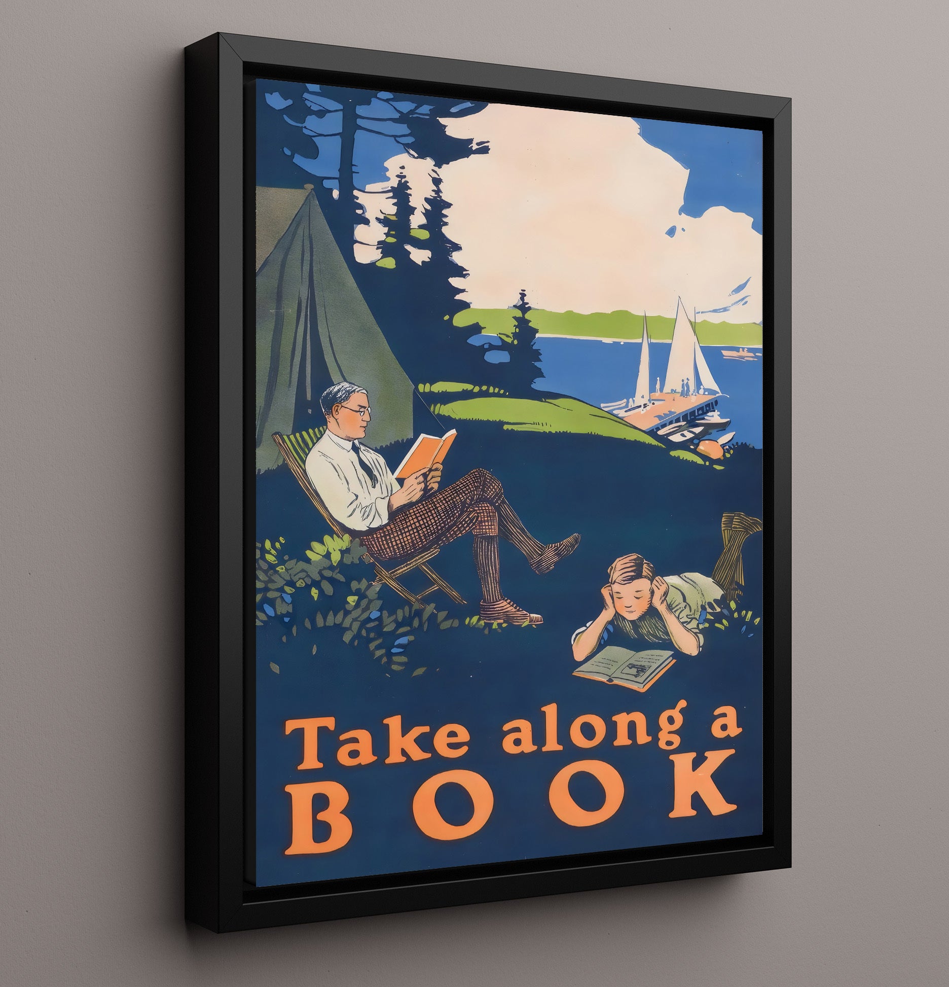 Take Along a Book - Camping Reads Vintage WPA Wall Art - 16x20 Framed Canvas