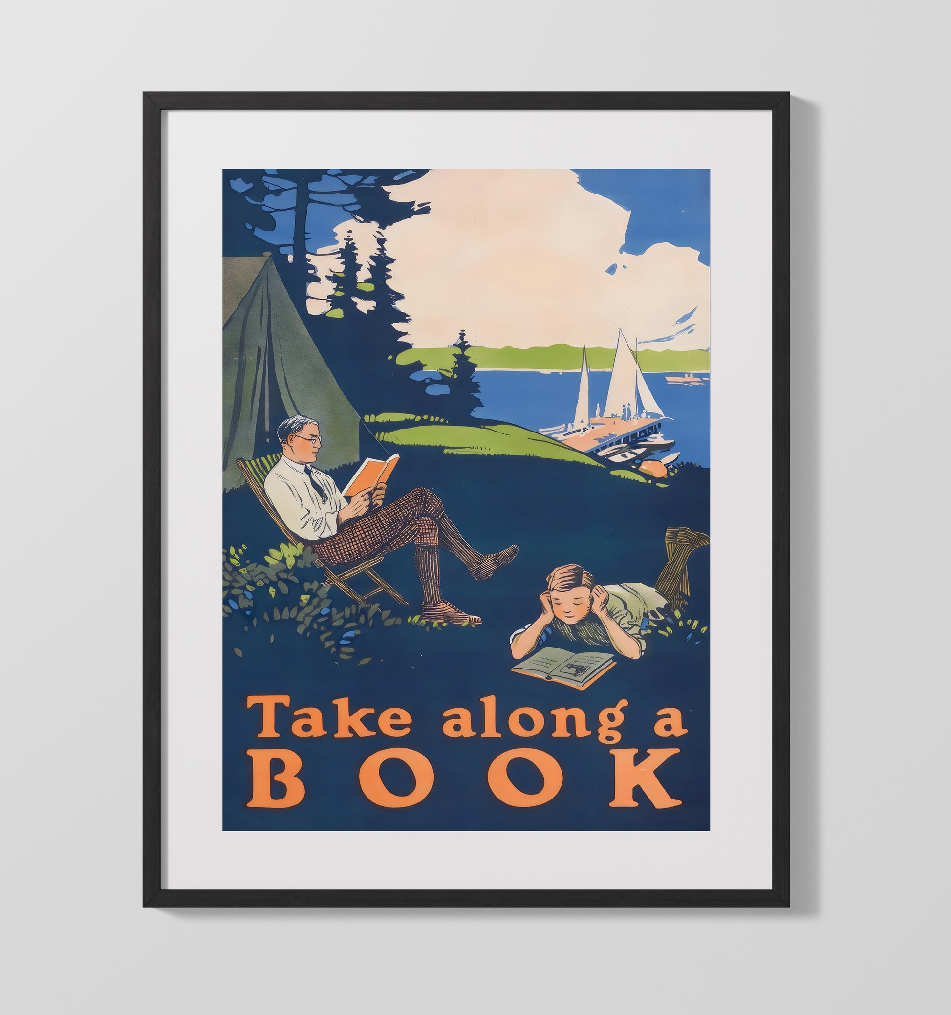 Take Along a Book - Camping Reads Vintage WPA Wall Art - 16x20 Gallery Frame