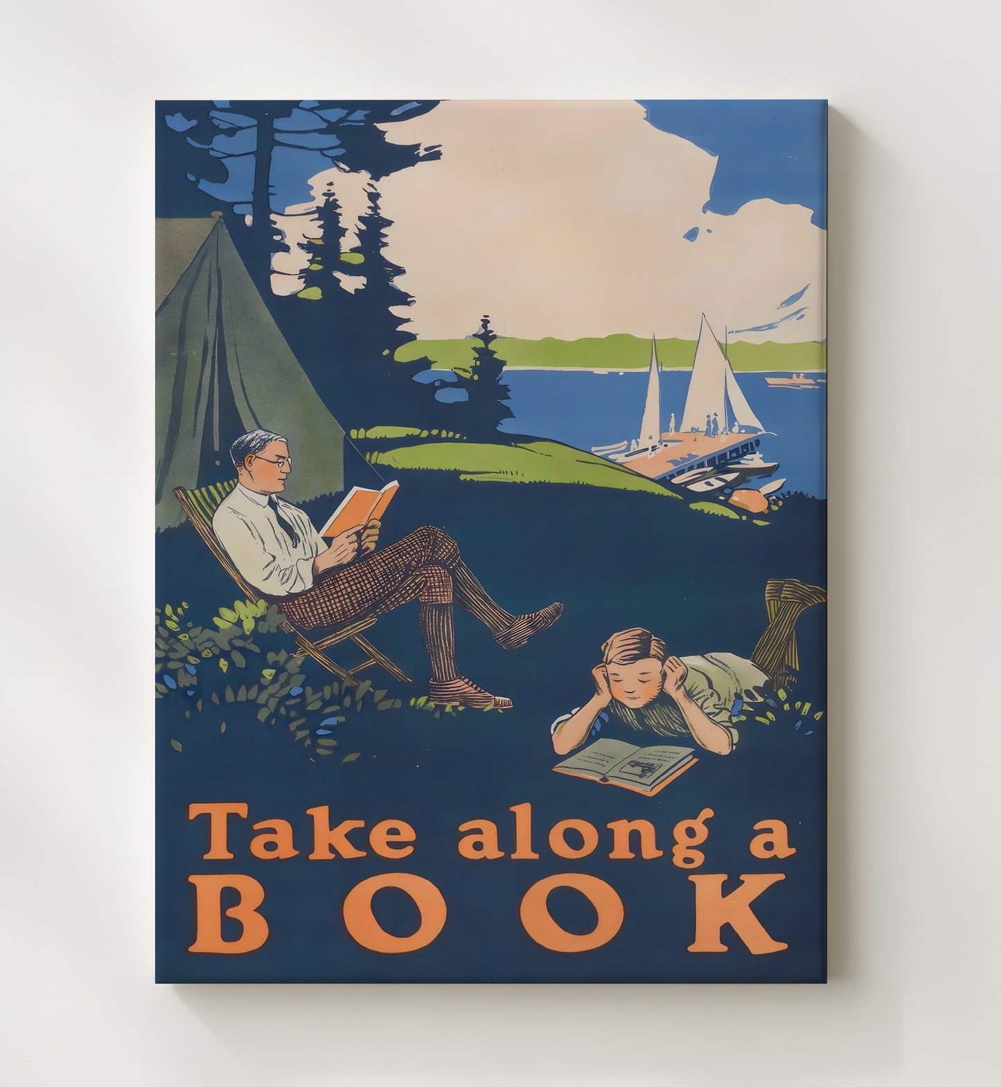Take Along a Book - Camping Reads Vintage WPA Wall Art - 20x24 Canvas