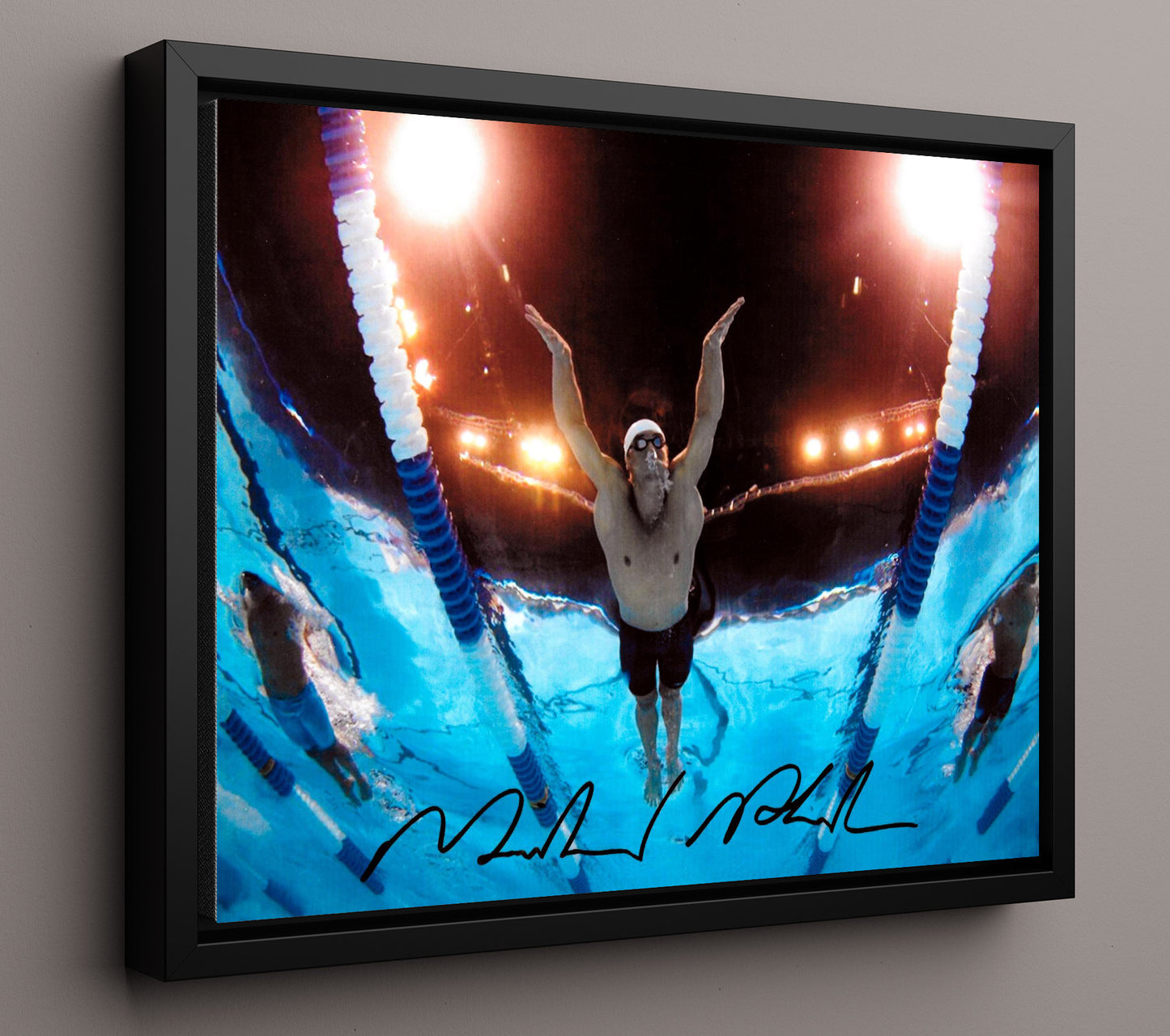 Michael Phelps - Butterfly Dive Start Spotlight Olympic Wall Art 16x20 Framed Canvas wall art print – Olympic Wall Art decor