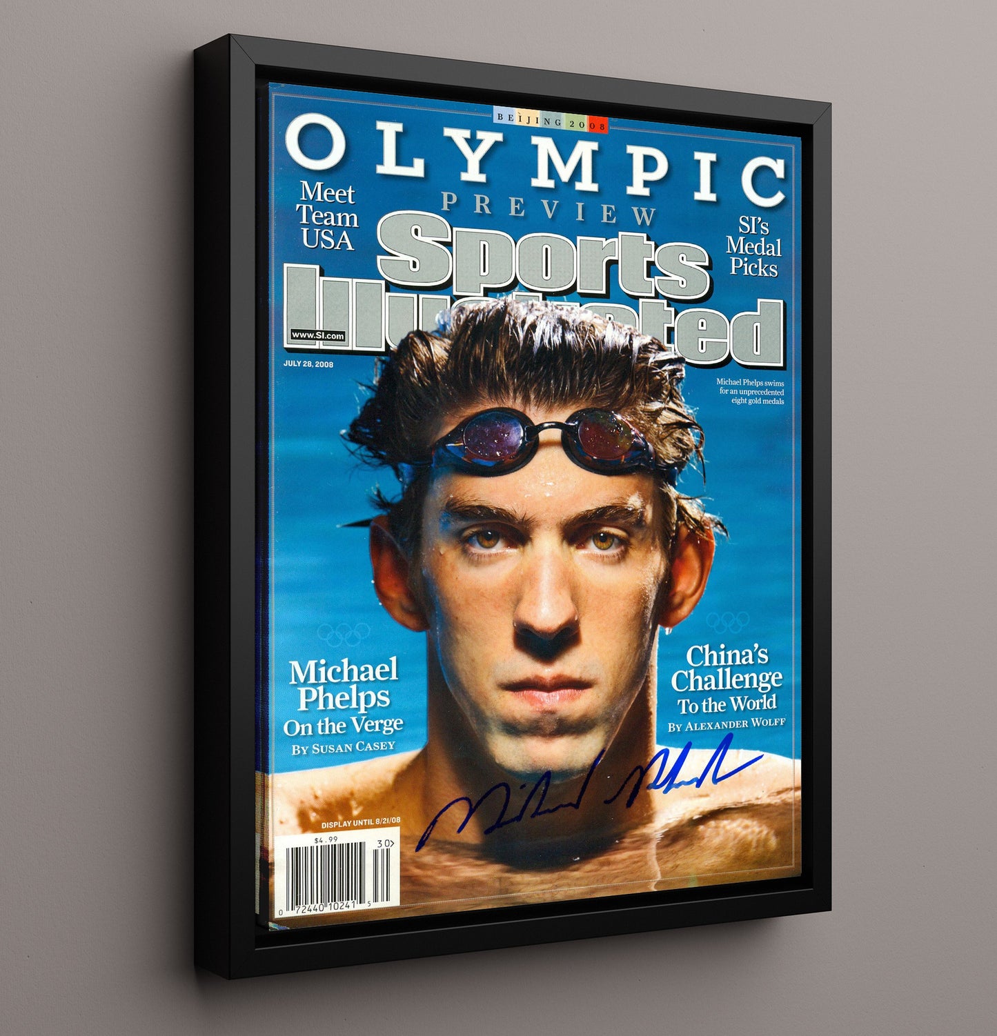 Michael Phelps - Olympic Focus SI Cover 2008 Olympic Wall Art 16x20 Framed Canvas wall art print – Olympic Wall Art decor