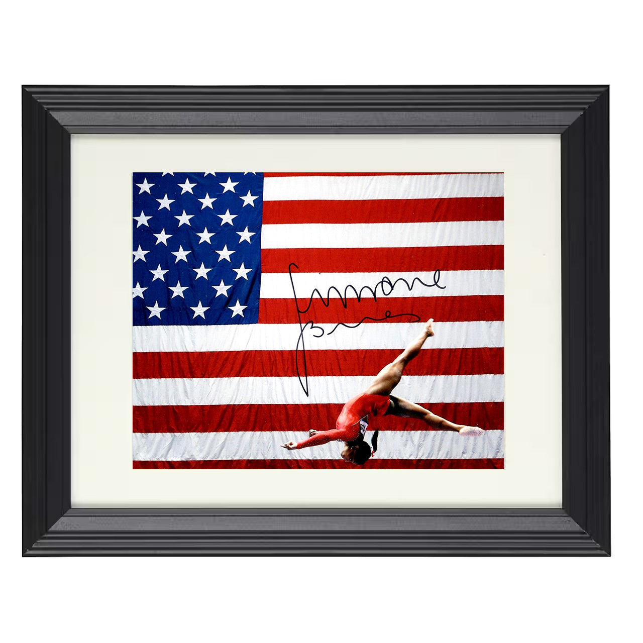 Simone Biles – USA Flag Celebration Flip 2016 8x10 matted black framed Olympic wall art